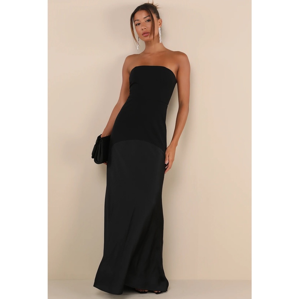 Lulus Compelling Style Black Strapless A-Line Maxi Crepe/Satin Maxi Dress NWT M